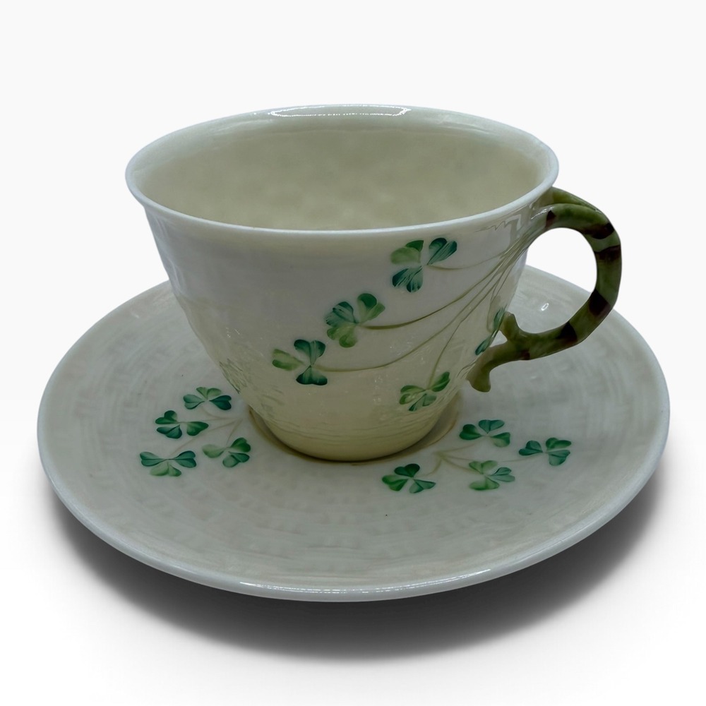 Belleek Ireland Parian China Shamrock Basketweave Teacup and Saucer Set Vintage